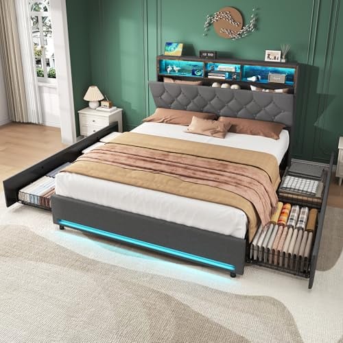 BTM Double Bed with 4 Storage Drawers, Concealed Headboard Storage, Button Tufted Headboard with RGB LED Lighting and Charging Station, Linen Upholstered Double Bed 135x190cm, Grey (No Mattress)