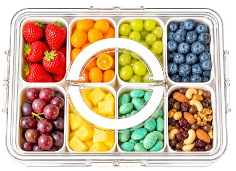 Snackbox mit 8 Fächern & Deckel - Tragbare Snackschale mit Griff, Luftdicht | Spülmaschinenfest, Snackteller aus PP für Gewürze Süßigkeiten Nüsse & Obst - Ideal für Picknick & Reise