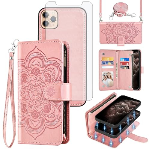 Asuwish Phone Case for iPhone 11 Pro Max 6.5 Zipper Wallet Cell Cover with Tempered Glass Screen Protector Crossbody Lanyard Strap Flower Card Holder iPhone11 11pro Promax i XI Plus Women Rose Gold