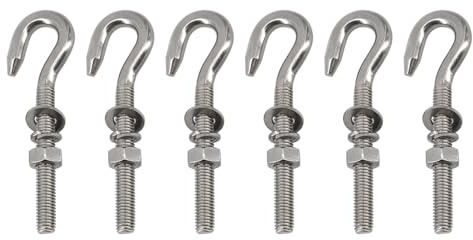 Paquete de 6 ganchos de acero inoxidable M8 304 con vástago largo roscado para colgar con arandelas y tuerca para jardín, valla, hamacas, silla oscilante