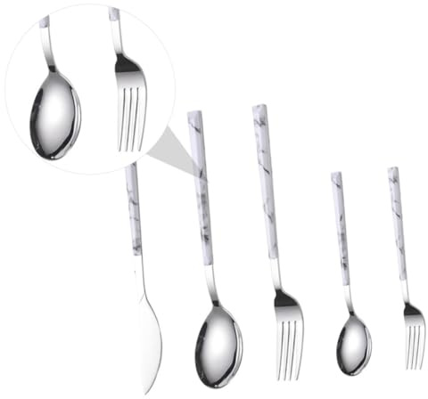 Ciieeo Edelstahl Besteckset mit Glatter Oberfläche mit Messer Gabel und Löffel 5 Stück Modernes Silbernes Design und Marmoroptik für Anspruchsvolles Speisen
