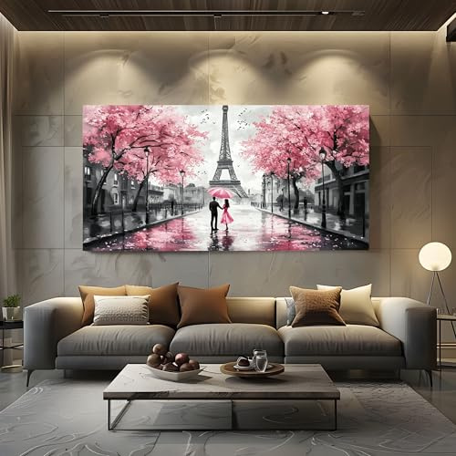 ZORYAN Moderne Wandbilder Romantisch Paris Bilder XXL für Wohnzimmer Deko | Liebe Paar Großes Leinwandbild für Schlafzimmer Frühling Kirschblüten 80x160cm Kunstdruck auf Leinwand