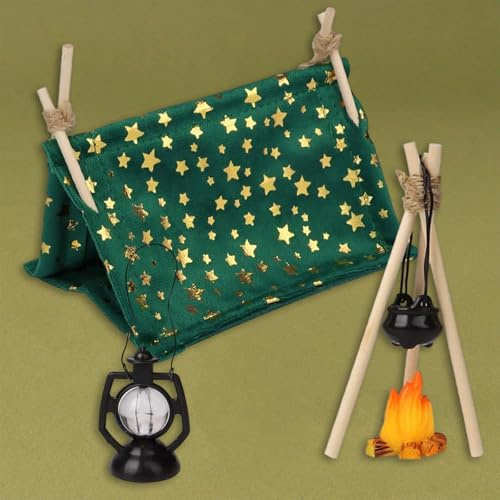 QUOHE Wichtel Zubehör Weihnachten, Wichtelhaus Wichteltür Deko Wichtelbox Wichtelzubehör für 1/12 Puppenhaus Geschenke, Miniatur Garten Camping Set Weihnachts Holz Mini Zelt Lagerfeuer Kessel Laterne