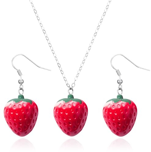 Générique Modeschmuck-Set in Erdbeerform (1 Paar Ohrringe + 1 Halskette) – niedlicher kreativer Stil für Damen, Einheitsgröße