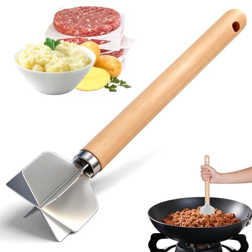 BelleFlair 304 Stainless Steel Meat Chopper with Wooden Handle, Ground Beef and Potato Masher, Heat Resistant Mince Masher Tool for Hamburger, Vegetable Puree and Kitchen Essentials