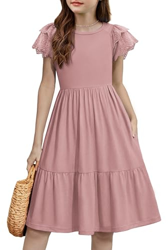 Arshiner Robe d'été en dentelle à manches courtes et col rond pour enfants, robe midi festive décontractée, robe de soirée tendance de couleur unie avec poche, 6 à 14 ans