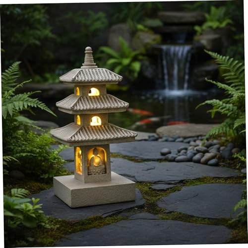 Statua da giardino pagoda, decorazione solare da giardino resistente alle intemperie da 10 pollici, lanterna giapponese Zen a luce LED per cortile balcone patio prato, kaki, Décoration de jardin