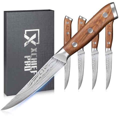 Ensemble de couteaux à steak de 4 en acier au carbone avec motif damassé