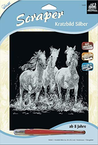 MAMMUT 136005 - Kratzbild, Motiv Wildpferde, silber, glänzend, Komplettset mit Kratzmesser und Übungsblatt, Scraper, Scratch, Kritzel, Kratzset für Kinder ab 8 Jahre