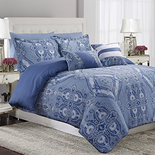Tribeca Living Paisley Printed Queen Cotton Sateen Duvet Cover Set, 300 Thread Count, Oversized, Five Piece Set Includes Duvet Cover, Sham Pillowcases and Decorative Pillows, Atlantis/Blue