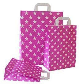 Papiertragetaschen mit Flachhenkel Sterne PINK (32 + 12 x 40 cm, 50 Stück)
