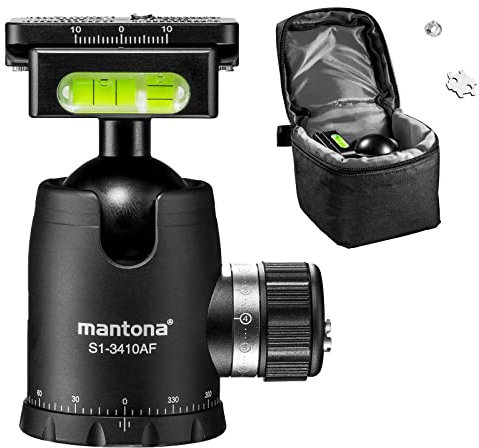 Mantona Fortress Kugelkopf 34 mm bis 10 kg, Stativkopf mit 360° Panorama-Funktion & 3 Wasserwaagen, inkl. Schnellwechselplatte und Friktionswegkontrolle