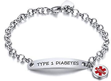 XUANPAI Type 1 Diabetes Vorgravierte Medizinische Alarmmanschette Armreif Notfall Link Verstellbares Armband Runder Namens-ID-Tag für Damen Mädchen