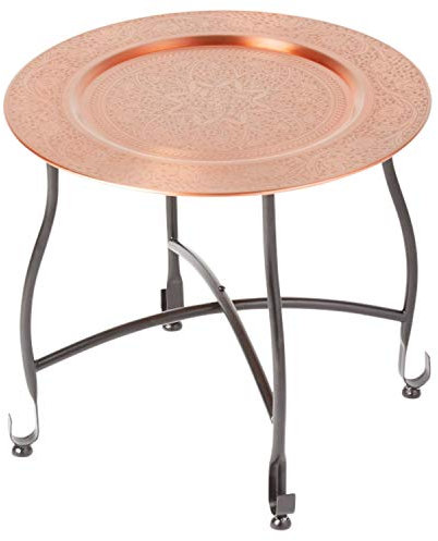 Marokkanischer Tisch Beistelltisch aus Metall Sule ø 40cm rund | Orientalischer runder Teetisch klein mit klappbaren Gestell in Schwarz | Das Tablett diese Klapptische ist orientalisch in Kupfer