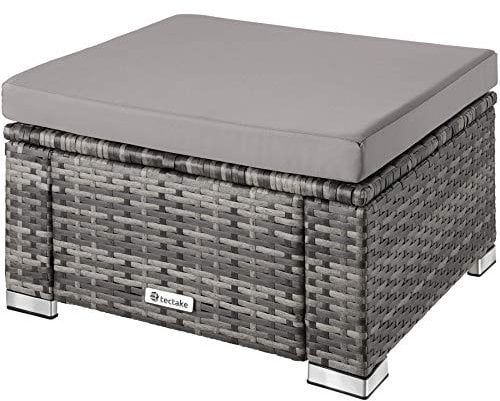 tectake® witterungsbeständiger Outdoor Rattan Hocker mit abnehmbarem Kissen, Lounge Hocker, Balkon Möbel, Gartenmöbel Set, Pouf Ergänzung zu Lounge, Sessel oder als Beistelltisch - grau
