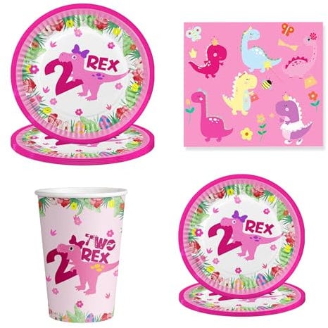 Dinosaur 2nd Birthday Party Supplies - Dinosaur Party Decorations Includes Two Rex birthday supplies girl , Plates With Logo 2 , Cup,Napkins, Suitable For 20 Guests .