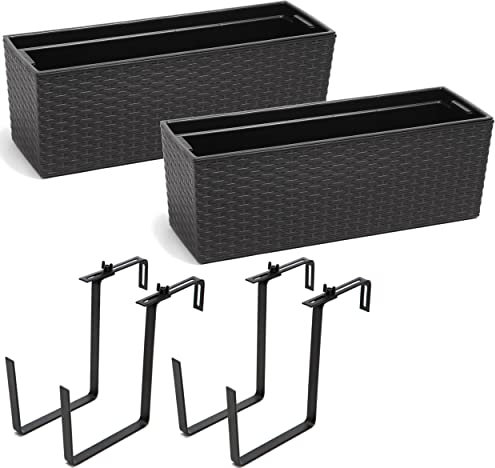 botle Lot de 2 jardinières de balcon avec support en métal noir et rotin 56 x 15 x 19 cm