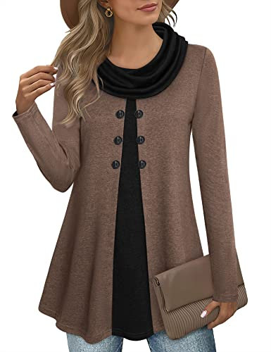 Gaharu Langarm Tunika Damen Lang Winter Hoodie Vintage Baumwolle Pullover Herbst Mode für Leggings, Schicke Dünn Locker Business Pulli Braun, XL