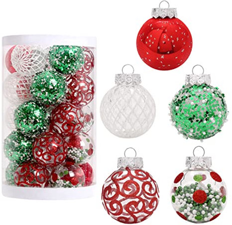 Sarah Duke 25 Stück 6 cm Weihnachtskugeln Kunststoff Christbaumkugeln Weiß Baumschmuck Weihnachtsbaum Hängende Dekor für Weihnachten Hochzeit Party (Rot+Grün)
