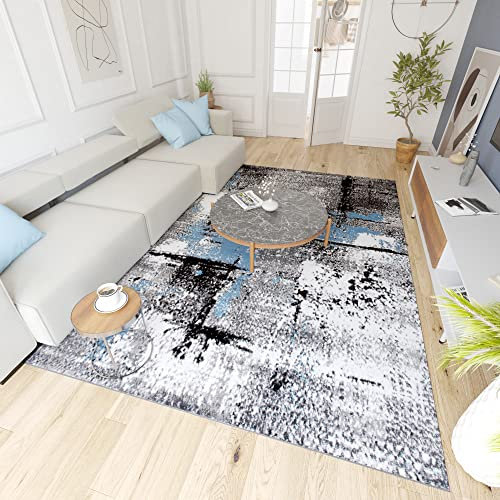 Mazovia Modern Teppich - Kurzflor - Teppich für Wohnzimmer, Schlafzimmer, Esszimmer - ÖKO-TEX Wohnzimmerteppich, Robust und pflegeleicht, Niedrige Florhöhe - Grau Blau 250 x 300 cm
