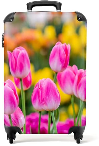 NoBoringSuitcases.com® Koffer Handgepäck Trolley Rollkoffer Kleine Reisekoffer mit 4 Rollen - Blumen - Tulpen - Rosa - Frühling - 55x35x20cm - Fotokoffer - Kabinenkoffer - Boardgepäck