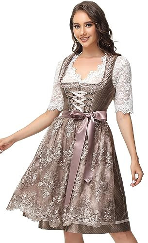 ELFIN Damen Midi Dirndl Elegante Trachtenkleid für Oktoberfest inkl. Spitzen Dirndlschürze, Dunkelbraun, 42