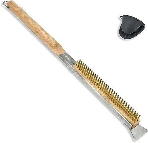 Brosse de nettoyage Joyfulmap pour four à pizza de 53 cm - Fil de cuivre - Avec grattoir - Gants en silicone - Accessoire de four à pizza pour l'extérieur - Outil de nettoyage de four à pizza