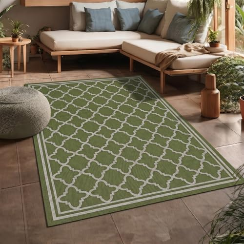 VIMODA Teppich In- und Outdoor Flachgewebe Terrasse Balkon Wetterfest Wintergarten Robust Marokkanisch geprägtes Design,Maße:140x200 cm;Farbe:Gruen