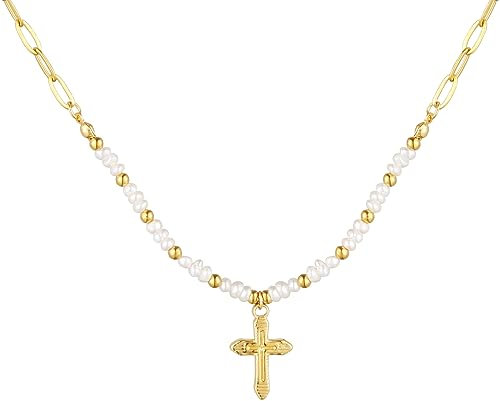 TEZCRT Perlenkette Süßwasserzuchtperlen Halskette, 18K Vergolder Perlen Choker, Büroklammer Kreuz Kette, Wasserfeste Perlenkette für Frauen, 39-45 cm Länge verstellbar
