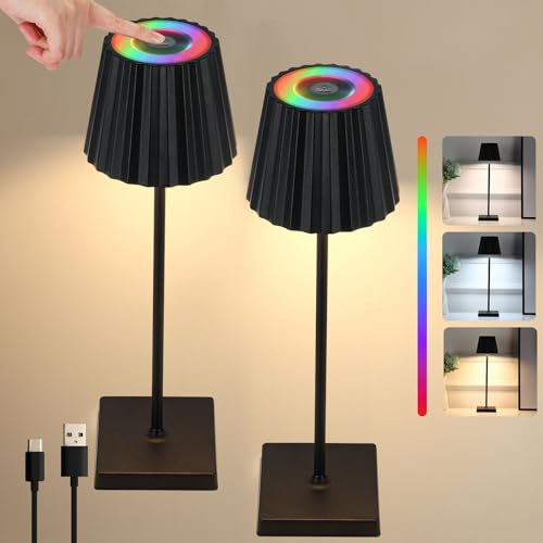 Lightsjoy 2 Stück Tischleuchte Kabellos Dimmbare LED Akku Tischlampe mit Touch-Schalter USB-C Metall Aufladbar 3 Farbtemperaturen+RGB Outdoor IP54 wasserdicht für Schlafzimmer,Arbeit,Bars,Restaurants.