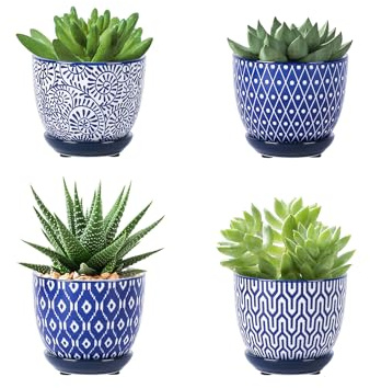 Selamica Macetas de cerámica con Agujeros de Drenaje, macetas pequeñas de 3.5 Pulgadas para Plantas de Interior con platillos, macetas de jardín al Aire Libre, decoración del hogar, Juego de 4, Azul