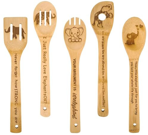 Jouierty 5Pcs Elephant Wooden Cooking Spoons Set, Elephant Burned Wood Utensils Elephant Bamboo Kitchen Utensils Cookware Gadget Kit Non-Stick Cook Utensil for Christmas Birthdays Housewarming Gift