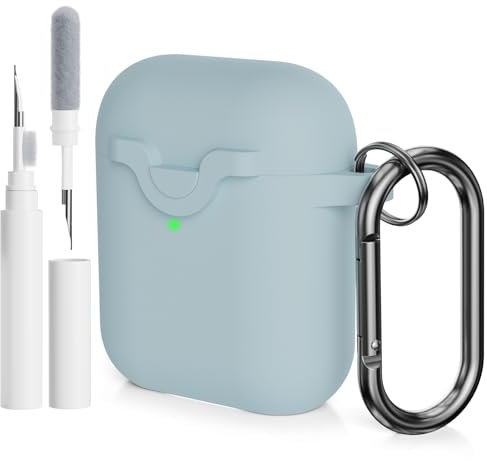 AOTUAO Compatibile con AirPods 2 e 1 Custodia Cover e Kit di Pulizia, Case Protettiva Antiurto e Antiscivolo in Silicone per AirPods 2a e 1a Generazione con Moschettone, Denim Blue