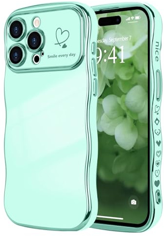 LCHULLE for iPhone 14 Pro Case Cute for Women Girls Wavy, Light Green | Luxury Plating Curly Wave Shape Frame with Love Heart Pattern, Raised Camera Protection Back Cover Shockproof Phone Case