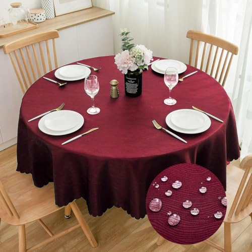 Runde Jacquard-Tischdecke 200 cm, Waterflow-Muster, Weinrot | Wasserabweisendes Finish, Maschinenwaschbar, Weiche Jacquard-Struktur, Pflegeleichtes 100% Polyester, Essen und Feiern