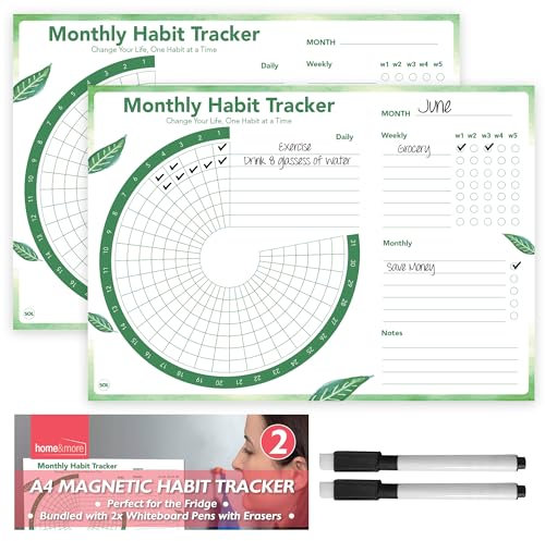 SOL 2pk A4 Magnetic Habit Tracker – Reusable Dry Erase Calendar for Daily Routines and Monthly Progress – Whiteboard Planner with 2 Pens, Ideal for Goal Setting, Kids and Adults, Fridge Organisation