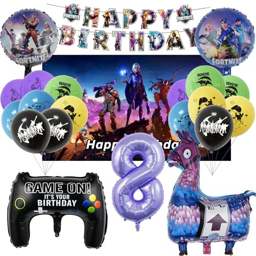 Oirigaga Videospiel Geburtstagsdeko Set, Fort-Spiel Gamer Party Deko Luftballons für 8 Jahre Jungen Mädchen, Kindergeburtstag Helium Ballons Folienballons mit Happy Birthday Banner und Hintergrund