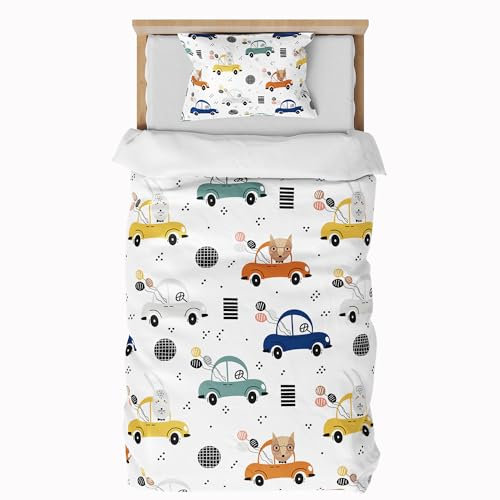 ZTYROLJ Kinderbettwäsche 100x135cm, Auto Bettwäsche für Kinder Jungen mit Reißverschluss, Mikrofaser Bettbezug mit kopfkissenbezug 40x60cm
