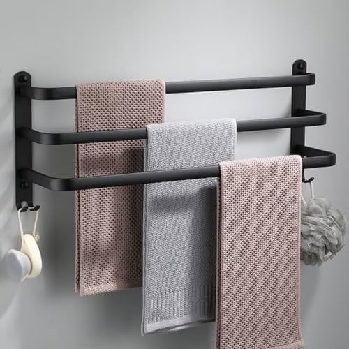 Handtuchhalter Wand mit 2 Haken Aluminium Handtuchstange Bad, Handtuchhalter für Badezimmer und Küche Schwarz 3 Stangen 80cm