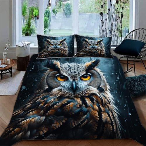 Ruiqieor Bettwäsche 155x220cm,Verschneite Nacht Eule Motiv Bettwäsche Set 3teilig,1 Bettbezug+2 Kissenbezug 80x80 cm,3D Tier gedruckte Kinder Bettwäsche（#8）