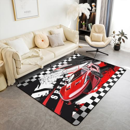 Homewish Rot Rennwagen Teppich Extreme Sport Games Area Teppich 150Bx200L, Schwarz Weiß Karo Auto Thema Nicht Verschütten Teppich Kinder Jungen Zimmer Dekor
