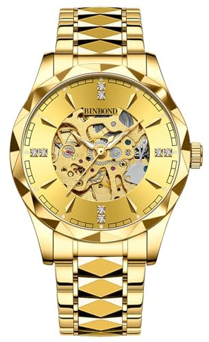 JewelryWe Herrenuhr Automatik Uhr Herren: 30m Wasserdicht Automatisch Mechanisch Analog Armbanduhr Männer Leuchtend Skelett Militär Automatikuhr mit Gold Edelstahl Armband und Gold rundem Zifferblatt