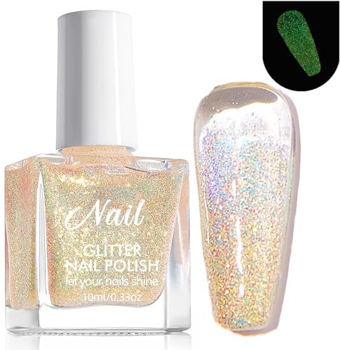 Sparkly Nail Polish - Gold Glitter Nail Varnish, Ice-Transparent Luminous Nail Polish,Quick Dry & Long Lasting Shimmer Nail Polish, Breathable Nail Polish Nail Art Home No Need UV Lamp (Gold, 10ml)