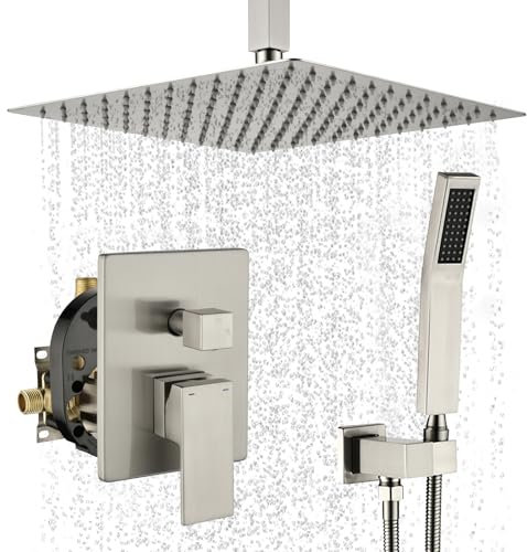 WELLFOR 30,5 cm Deckenmontage-Duschsystem mit Einzelgriff, druckausgleichendes Ventil inklusive, Wasserfall-Doppelkopf-Duschkopf-System, Regenduschsystem, Duscharmatur-Verkleidungssets, gebürstetes