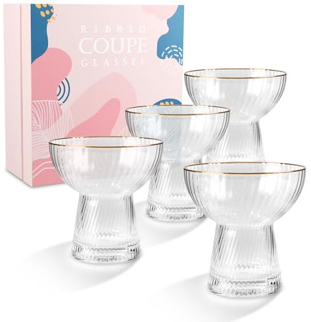 Jiodaueyu Stemless Margarita Glasses Set of 4, Vertical Stripes Cocktail Glasses with Gold Rim, Martini Champagne Glasses for Party Camping Restaurant Bar, Premium Hand Blown Glassware (10oz)