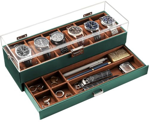 ProCase Uhrenbox mit 6 Fächern,Uhrenkasten mit Schublade, Men’s Watch Box, Uhrenaufbewahrung Uhrenkoffer Uhrenschatulle für Herren, Vatertagsgeschenk Uhr Aufbewahrungsbox - 6 Fächer, Grün