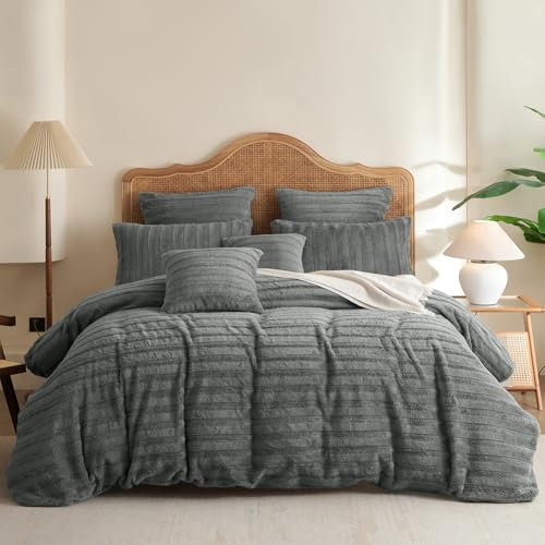 Covebett Bettwäsche Winter Plüsch 155x220 Grau Gestreift Flanell Warme Weich Cashmere Touch Winterbettwäsche Flauschig Fleece Bettbezug mit Reißverschluss und 1 Kissenbezug 80x80