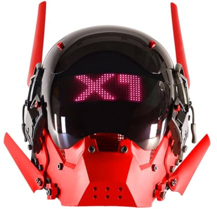 PuzzXfundty Maschera punk per cosplay, da uomo, con corna da samurai, maschera nera, per feste di Halloween, cosplay, futuro, punk, con schermo elettronico fai da te, colore rosso