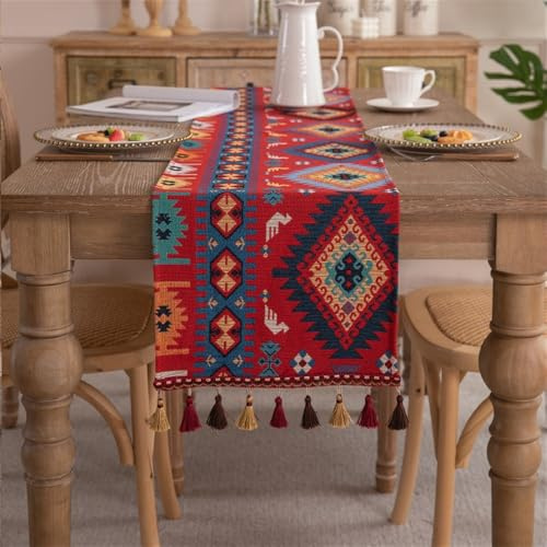 Clothfuna Geometrischer Jacquard-Tischläufer, Vintage-Boho-Tischläufer, rote Herbst-Baumwollmischung mit Quasten, für Esstisch, Party, Urlaub, Outdoor, 33 x 220 cm