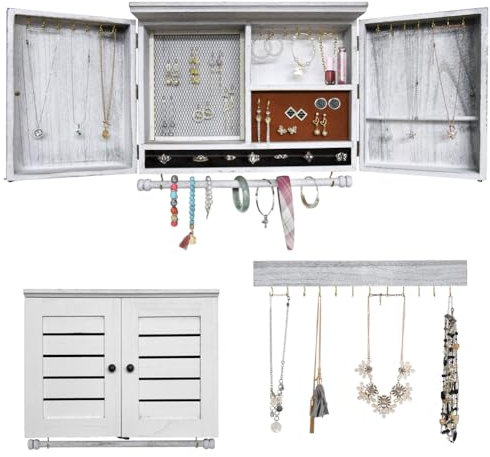 Rustikaler Schmuck-Organizer zur Wandmontage, Vintage-Holz-Schmuckhalter zum Aufhängen, mit Barndoor-Dekor für Halsketten, Ohrringe, Armbänder, Ringe, Zubehör Inklusive Haken-Organizer (Milchweiß)